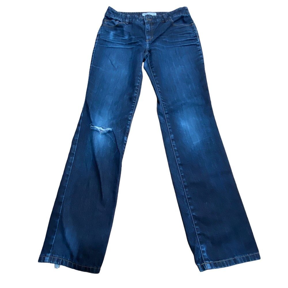 Chicos Womens Platinum Jeans Dark wash distressed slight fading on pocket Sz 1/M